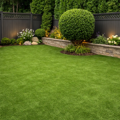Low maintenance artificial grass backyard lawn