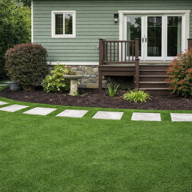 Artificial turf landscape design with stepping stones and garden bed